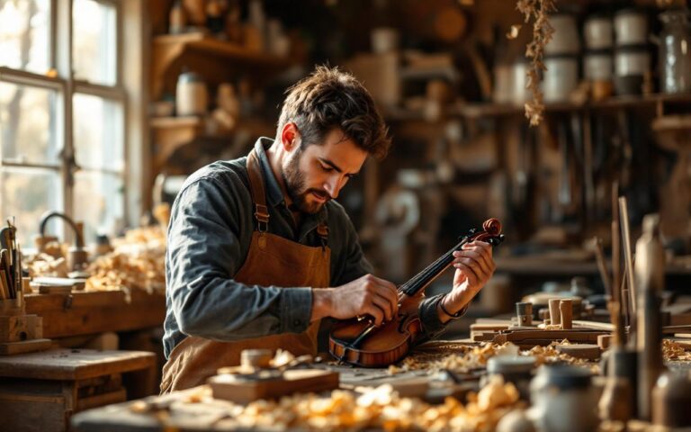 un-menuisier-en-train-de-faconner-un-violon-dans-son-atelier-entoure-doutils-et-de-copeaux-de-bois-avec-une-lumiere-naturelle-chaude-filtrant-par-les-fenetres