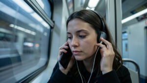 Une femme assise dans le métro écoute un livre audio sur son téléphone avec un casque, montrant une expression concentrée et attentive.