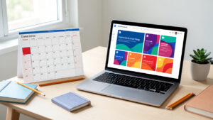 Calendrier scolaire français 2027 posé sur un bureau clair à côté d’un ordinateur portable affichant une plateforme de formation en ligne.
