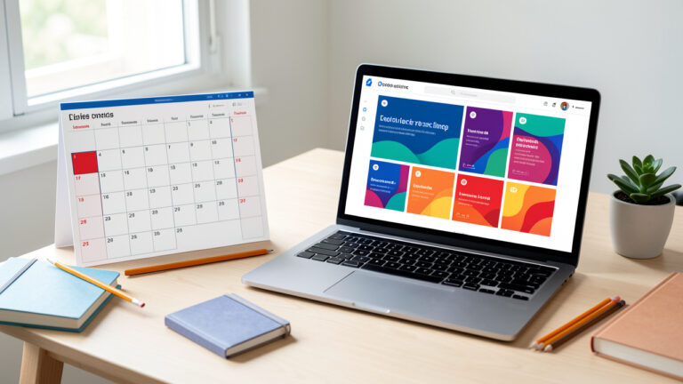 Calendrier scolaire français 2027 posé sur un bureau clair à côté d’un ordinateur portable affichant une plateforme de formation en ligne.