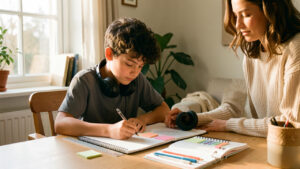 Un adolescent étudie calmement à son bureau avec des outils d’organisation, tandis que sa mère lui apporte un soutien bienveillant à la maison.