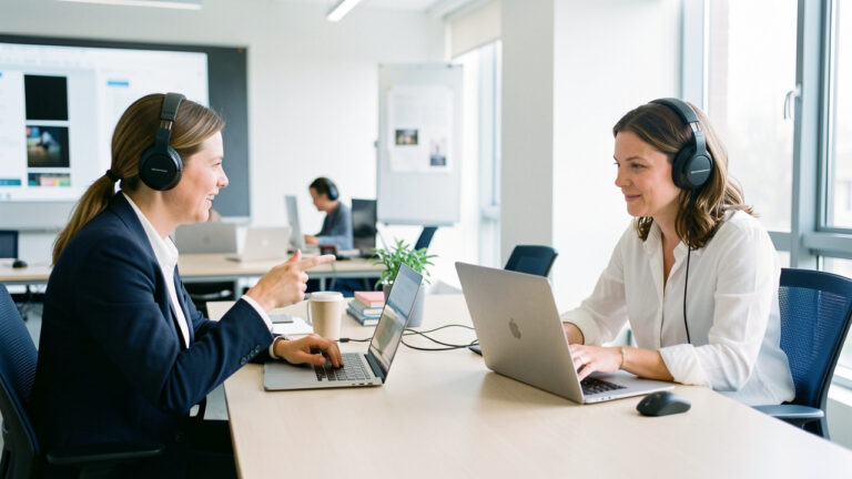 Une formatrice observe deux apprenants adultes en entreprise utilisant des ordinateurs et des casques avant une classe virtuelle.