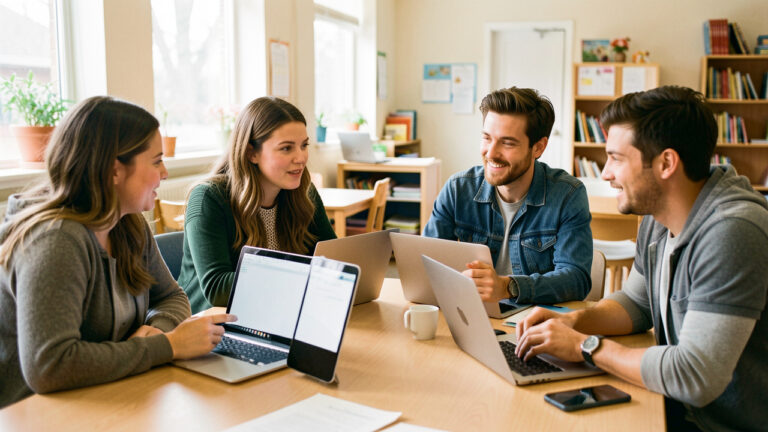 Deux femmes et un homme bénévoles participent à un atelier de formation à la communication digitale avant un événement local, autour d’ordinateurs portables et d’un smartphone.
