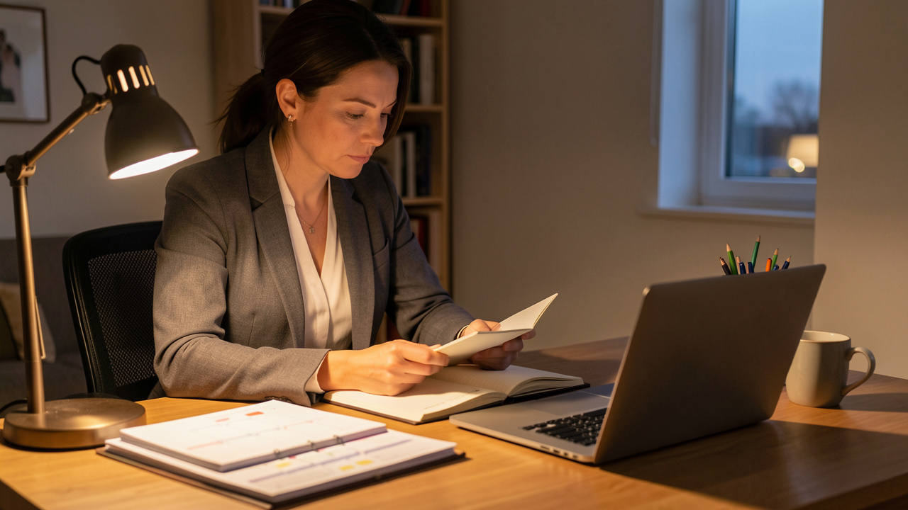 Une femme adulte étudie calmement le soir à son bureau après sa journée de travail, dans un espace de travail confortable et organisé.