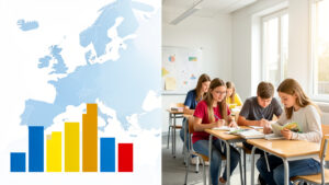 Infographie éditoriale représentant une carte stylisée de l’Europe, des graphiques de scores sans libellés et quatre élèves de 15 ans dans une salle de classe lumineuse.