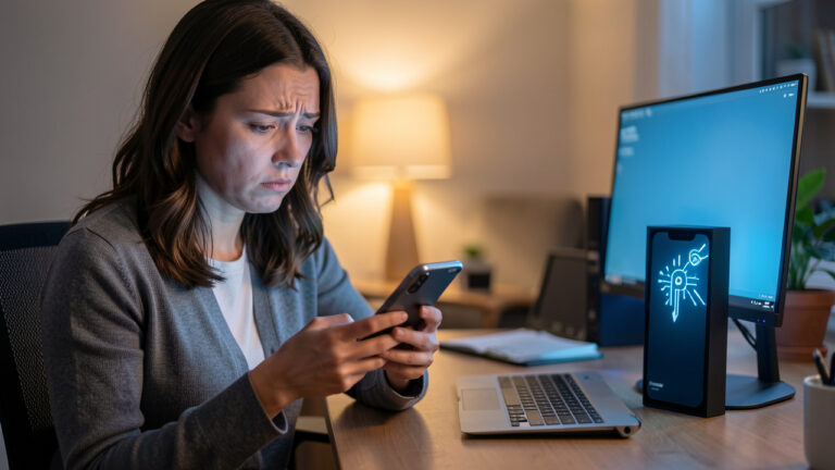 Illustration réaliste d’une femme préoccupée consultant son smartphone devant un ordinateur, avec un coffret de smartphone cadeau visible en arrière-plan.