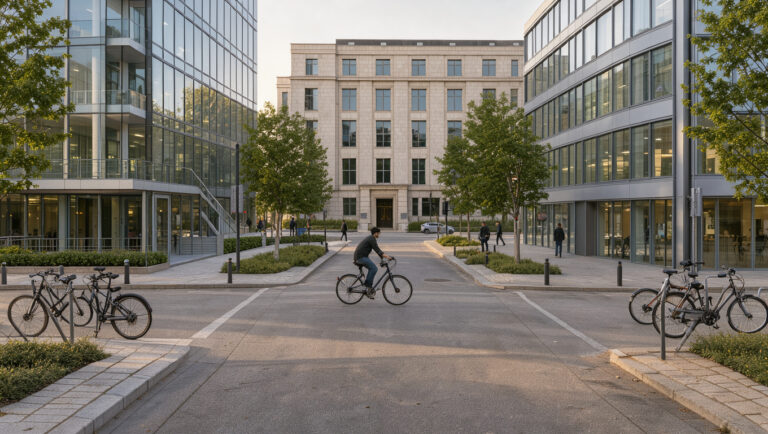 Illustration réaliste d’un carrefour reliant un centre de formation pour adultes, une entreprise et un bâtiment administratif de l’Éducation nationale, dans une ambiance professionnelle française.
