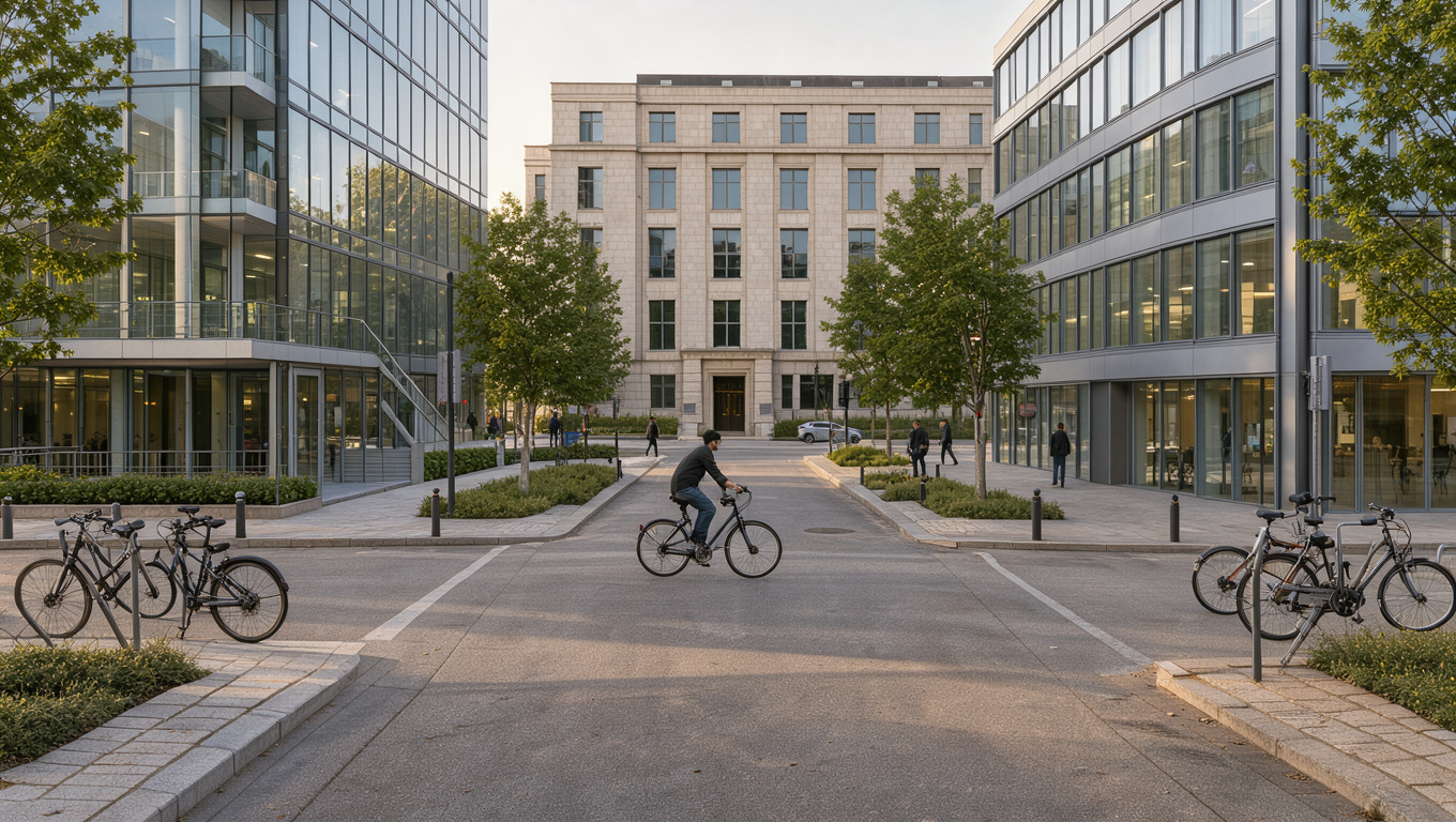 Illustration réaliste d’un carrefour reliant un centre de formation pour adultes, une entreprise et un bâtiment administratif de l’Éducation nationale, dans une ambiance professionnelle française.