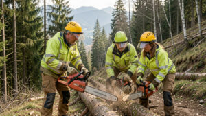 Trois stagiaires adultes, deux hommes et une femme, en formation forestière dans une forêt de moyenne montagne du Bugey, équipés de casques, de vêtements de protection et de tronçonneuses.