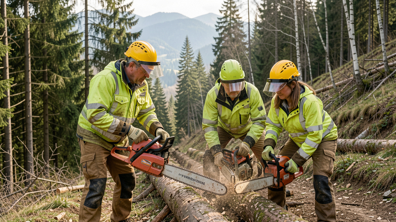 Trois stagiaires adultes, deux hommes et une femme, en formation forestière dans une forêt de moyenne montagne du Bugey, équipés de casques, de vêtements de protection et de tronçonneuses.